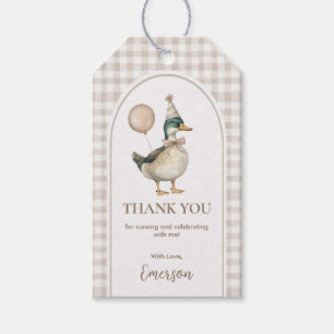 Soft Brown Gingham One Lucky Duck Balloon Birthday Gift Tags