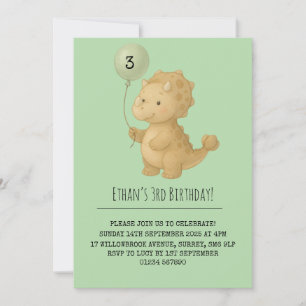 Soft Brown Triceratops with Balloon Birthday  Invitation
