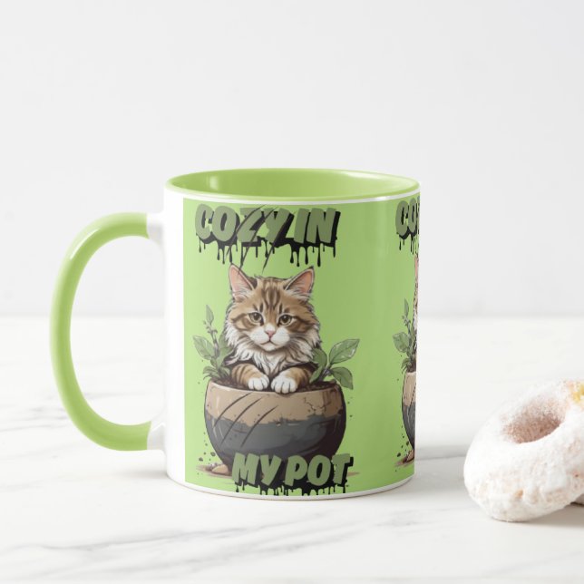 Soft Browns Cosy Kitty Cartoon Mug (With Donut)