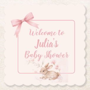 Soft Bunny Welcome Design with Pastel Ribbon Paper Coaster