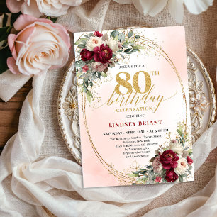 Soft Burgundy Bohemian Floral 80th Birthday Invite