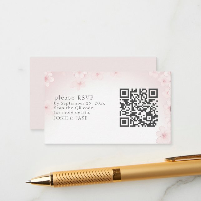 Soft Cherry Blossom RSVP QR Code Enclosure Card (Front/Back In Situ)