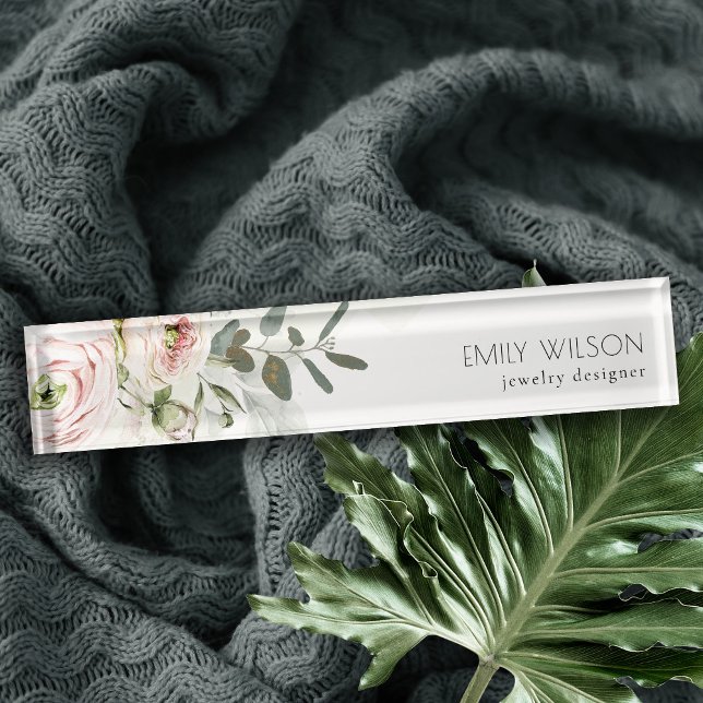 Soft Chic Blush Pink Peony Leafy Botanical Floral Nameplate (Creator Uploaded)