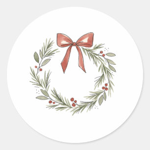 Soft Christmas Wreath with Pink Bow Watercolor  Classic Round Sticker