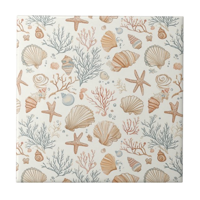 Soft Coastal Seashells & Coral Botanical Tile (Front)