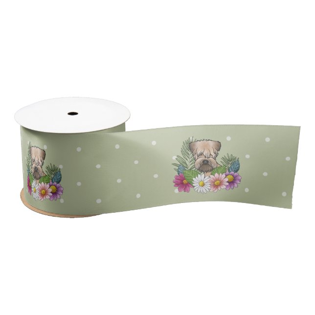 Soft-Coated Wheaten Terrier Colourful Flowers Gree Satin Ribbon (Spool)