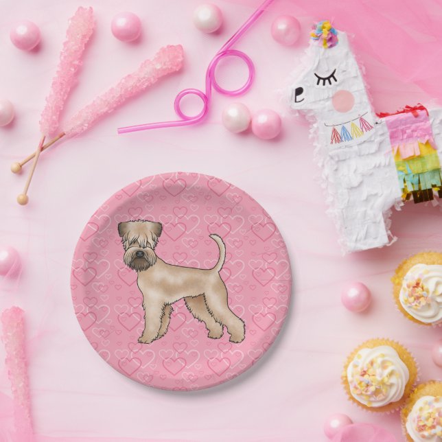 Soft-Coated Wheaten Terrier Dog Heart Pattern Pink Paper Plate (Party)