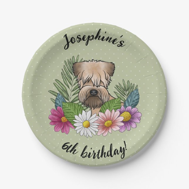Soft-Coated Wheaten Terrier Floral Happy Birthday Paper Plate (Front)