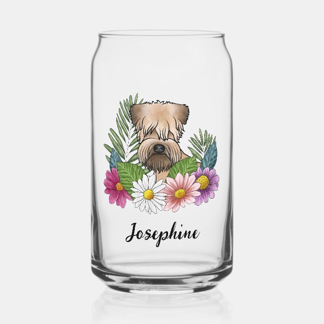 Soft-Coated Wheaten Terrier With Flowers And Name Can Glass (Front)