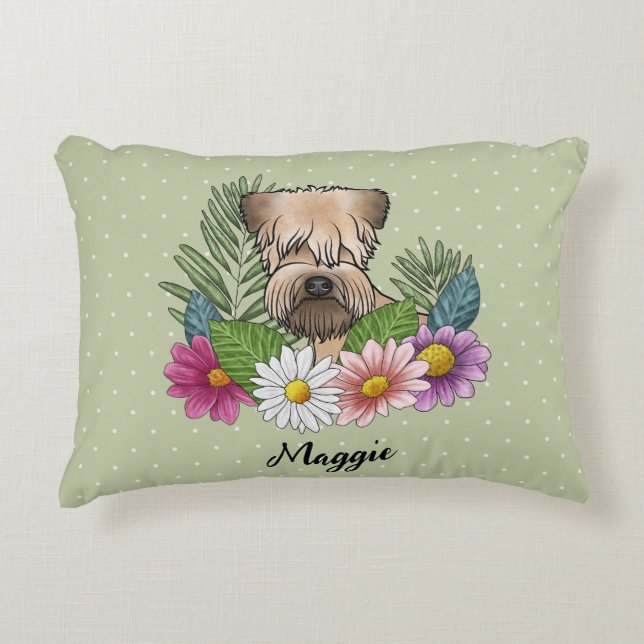 Soft-Coated Wheaten Terrier With Flowers And Name Decorative Cushion (Front)