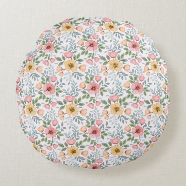 Soft Coloured Flower Pattern Round Pillow (Front)