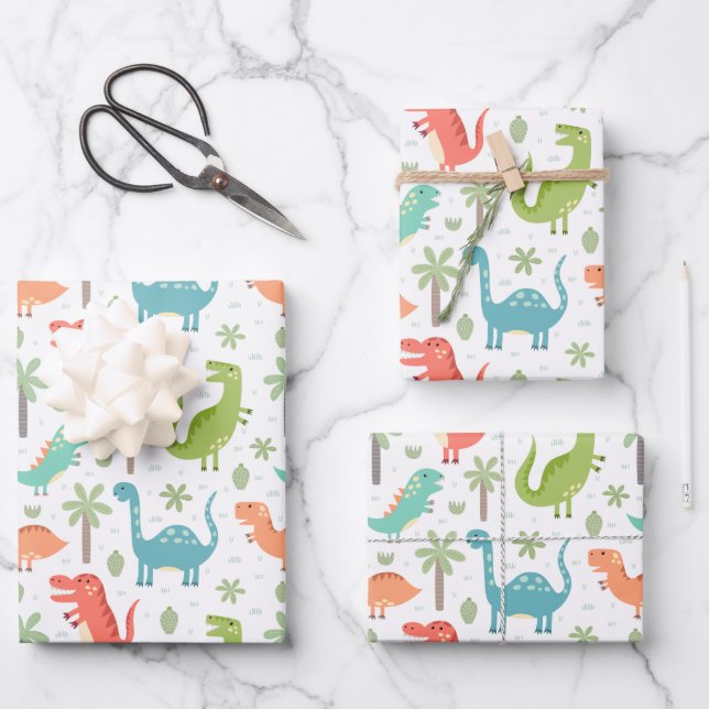 Soft Colours Dinosaurs Palm Trees Kids Wrapping Paper Sheet (Front)