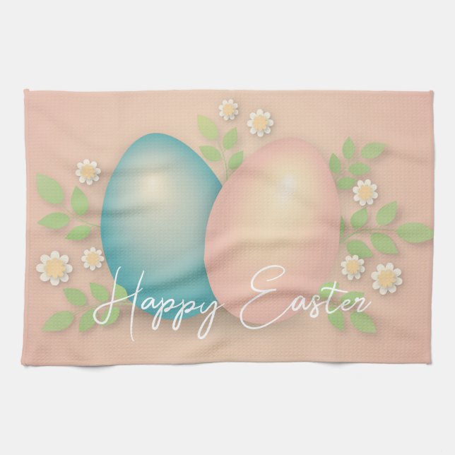 Soft colours easter egg and spring daisy flowers  tea towel (Horizontal)
