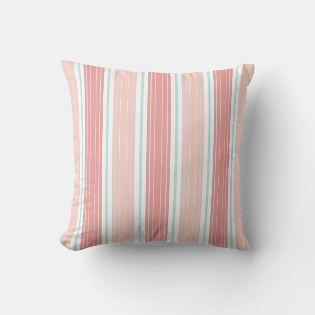 Soft Coral & Aqua on White Shabby Chic Stripes Cushion (Front)
