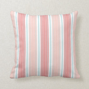 Soft Coral & Aqua on White Shabby Chic Stripes Cushion