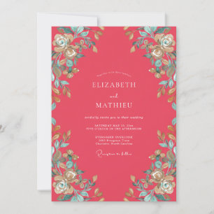 Soft Coral Aqua Petal Wedding Invitation