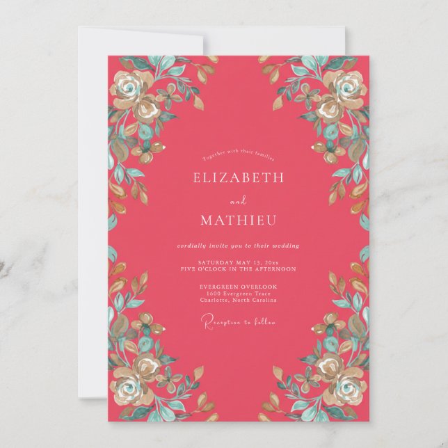 Soft Coral Aqua Petal Wedding Invitation (Front)