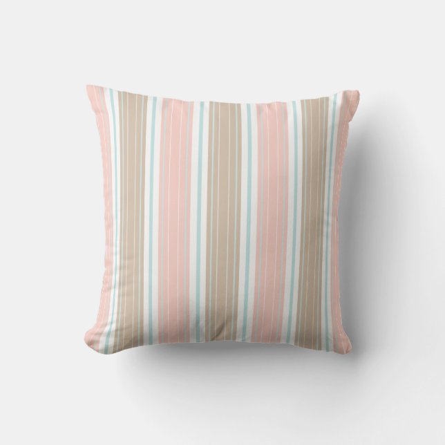 Soft Coral Aqua & Tan on White Shabby Chic Stripes Cushion (Front)