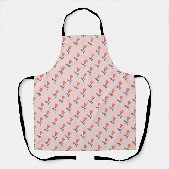 Soft Coral Blooms and Blue Leaves Pattern Apron (Front)