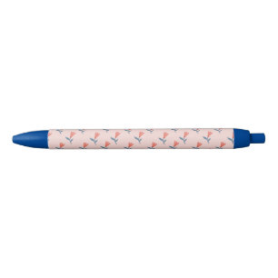 Soft Coral Blooms and Blue Leaves Pattern Black Ink Pen
