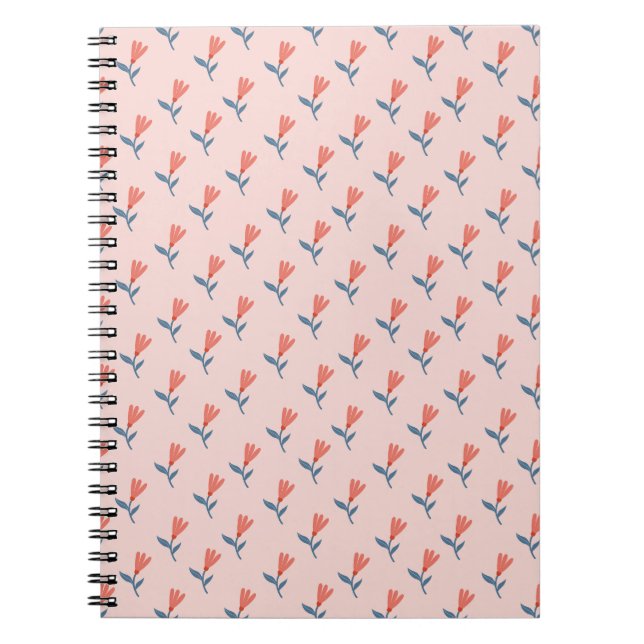 Soft Coral Blooms and Blue Leaves Pattern Notebook (Front)