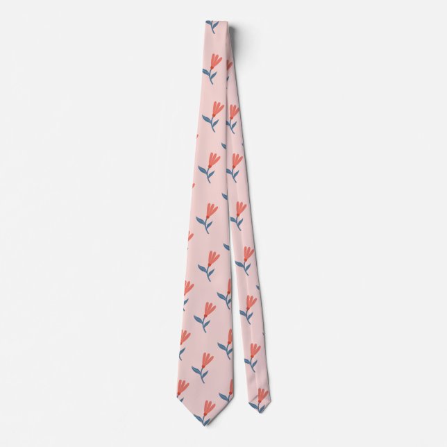 Soft Coral Blooms and Blue Leaves Pattern Tie (Front)