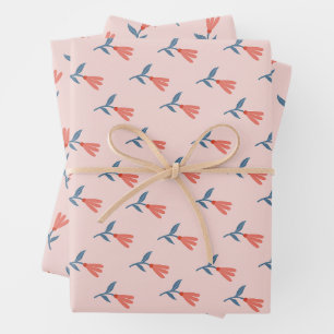 Soft Coral Blooms and Blue Leaves Pattern Wrapping Paper Sheet