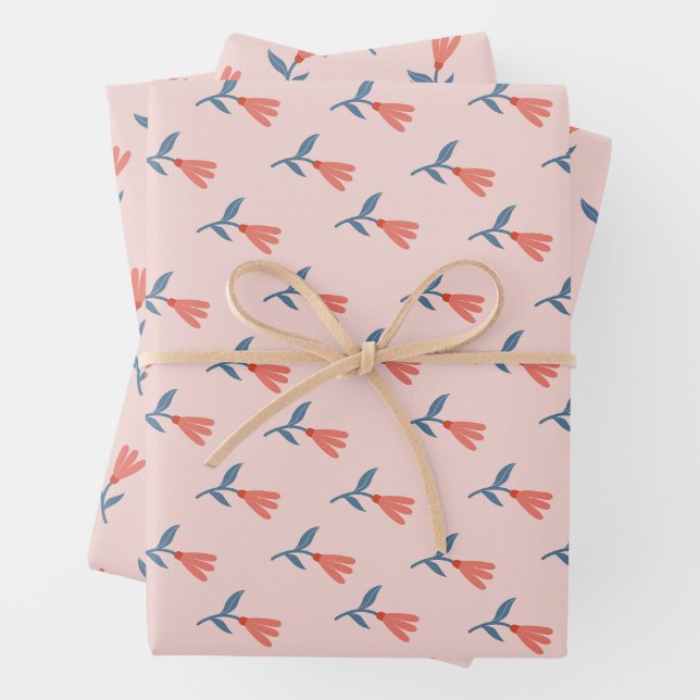 Soft Coral Blooms and Blue Leaves Pattern Wrapping Paper Sheet (In situ)