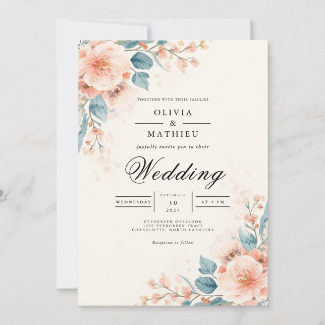 Soft Coral Blossom Arch Wedding Invitation (Front)