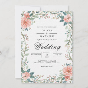 Soft Coral Blossom Frame Wedding Invitation
