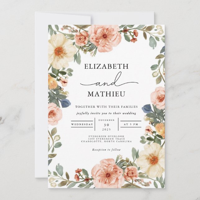 Soft Coral Botanical Arch Wedding Invitation (Front)