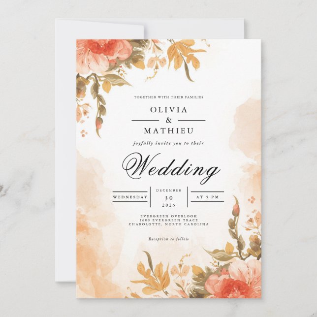 Soft Coral Botanical Wash Wedding Invitation (Front)