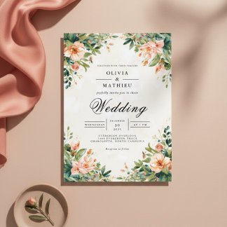 Soft Coral Floral Arch Romance Wedding Invitation