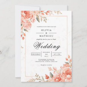 Soft Coral Floral Border Wedding Invitation