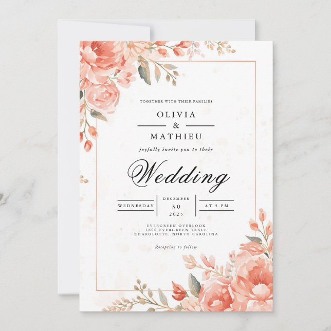 Soft Coral Floral Border Wedding Invitation (Front)