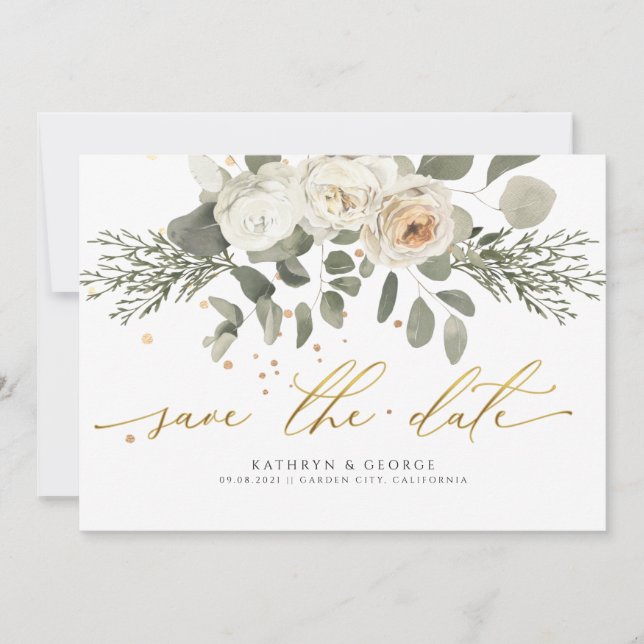 Soft Coral Floral Botanical Greenery Wedding Save The Date (Front)