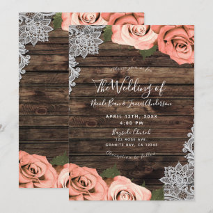 Soft Coral Floral Roses Rustic Wood Lace Wedding Invitation