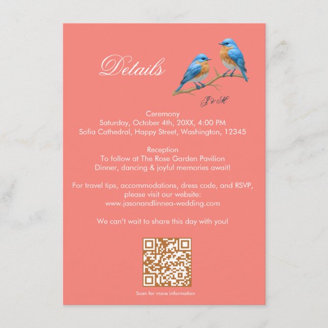  Soft Coral Lovebirds Romantic Bluebirds Wedding Enclosure Card (Front)