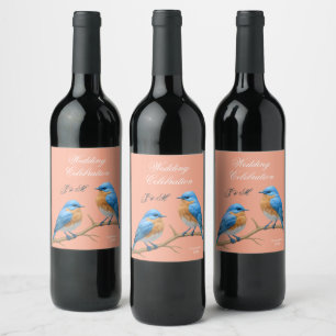 Soft Coral Lovebirds Romantic Bluebirds Wedding Wine Label