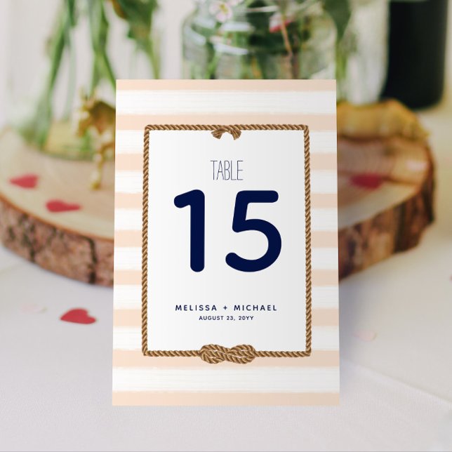 Soft Coral Nautical Knot Table Number (3.5x5.0) (Nautical Stripes and Infinity Knot Coral and White Table Numbers for Your Wedding, Shower, or Event!)