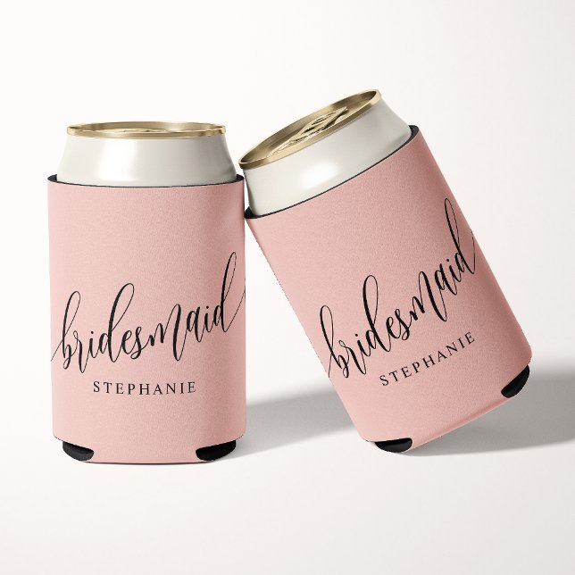Soft Coral Pink Bridesmaid Modern Script  Can Cooler (Creator Uploaded)