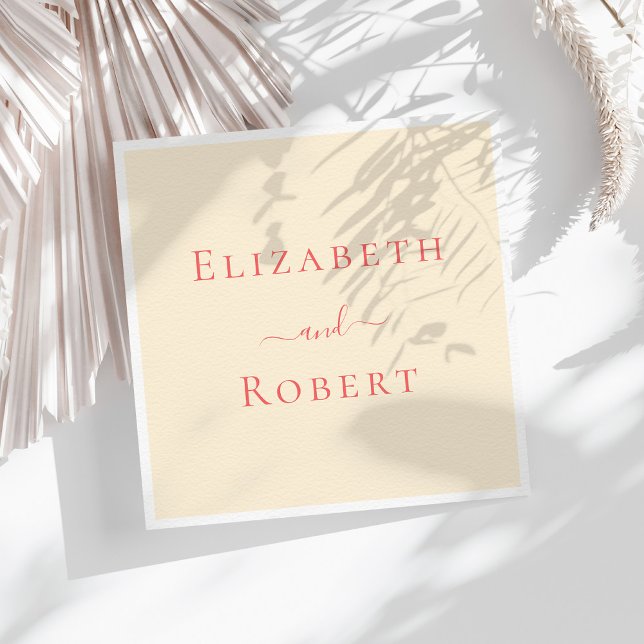 Soft Coral Simple Minimalist Couple Names Wedding Napkin (Soft Coral Simple Minimalist Couple Names Wedding Napkins on sunny white table.)