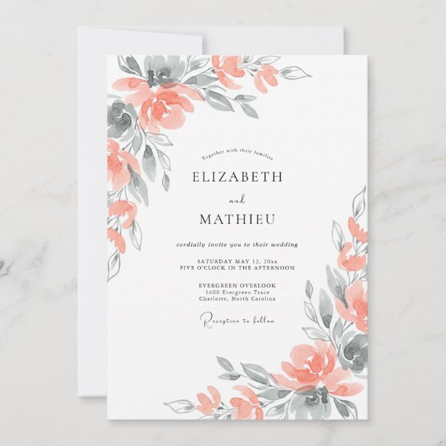Soft Coral Slate Peony Wedding Invitation (Front)