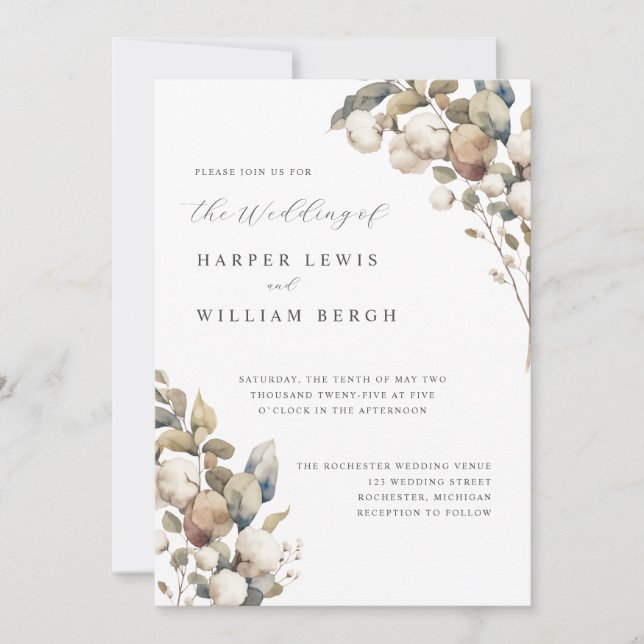 Soft Cotton and Eucalyptus wedding Invitation (Front)
