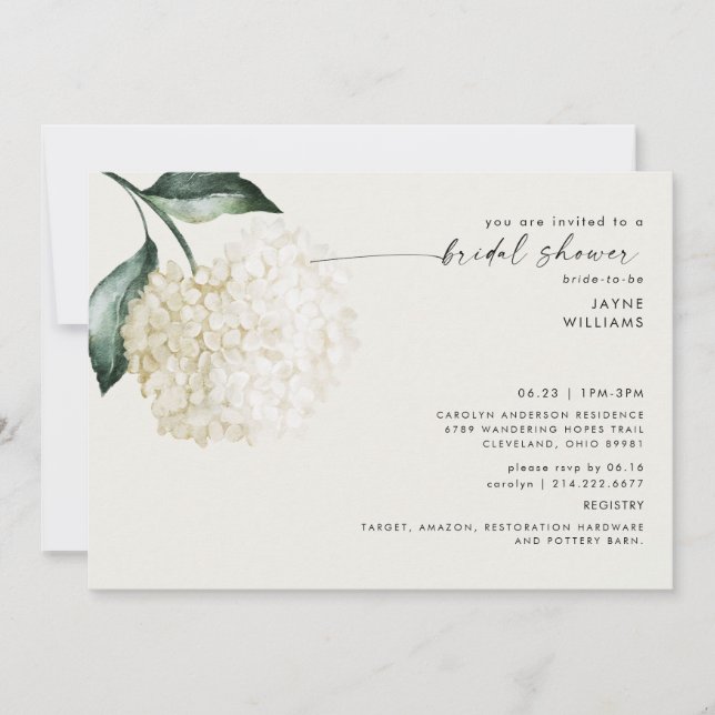 Soft Cream Hydrangea Stem Bridal Shower  Invitation (Front)