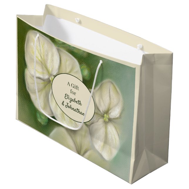 Soft Cream White Pastel Hydrangea Floral Large Gift Bag (Front Angled)