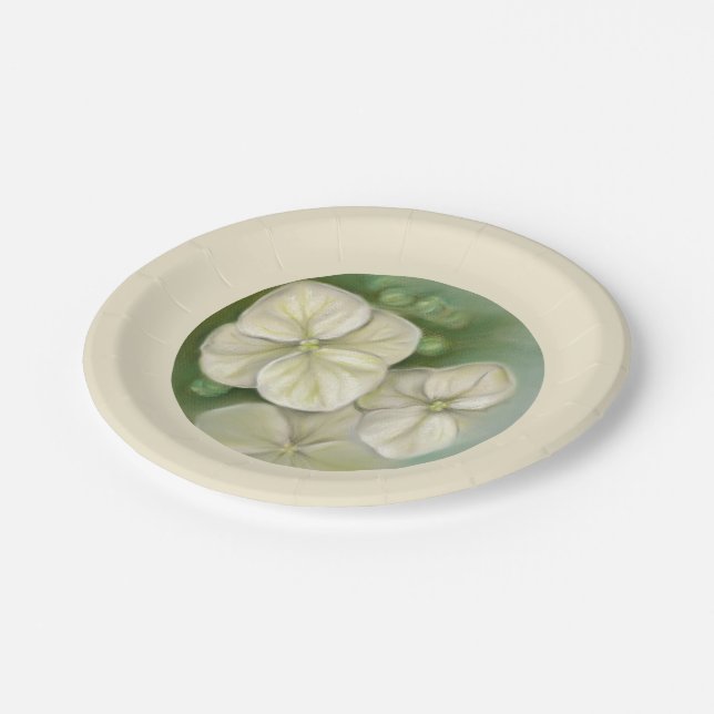 Soft Cream White Pastel Hydrangea Floral Paper Plate (Angled)
