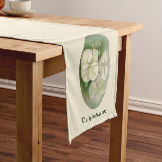 Soft Cream White Pastel Hydrangea Floral Short Table Runner (In Situ)