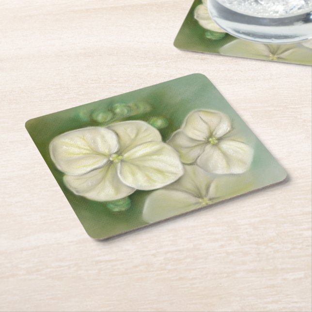 Soft Cream White Pastel Hydrangea Floral Square Paper Coaster (Angled)