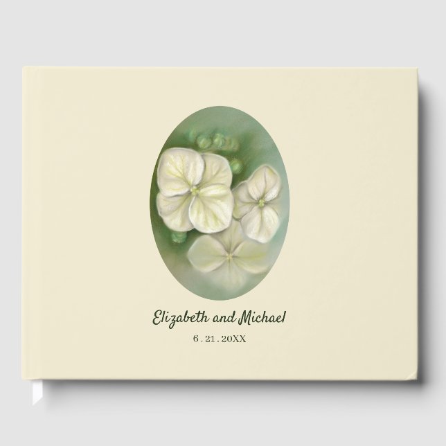 Soft Cream White Pastel Hydrangea Floral Wedding Guest Book (Front)